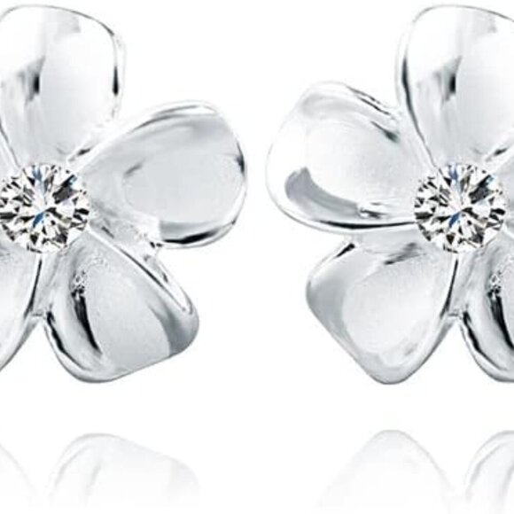Jewelry - Sterling Silver Plumeria Flower Stud Earrings Cubic Zirconia Gift for Women